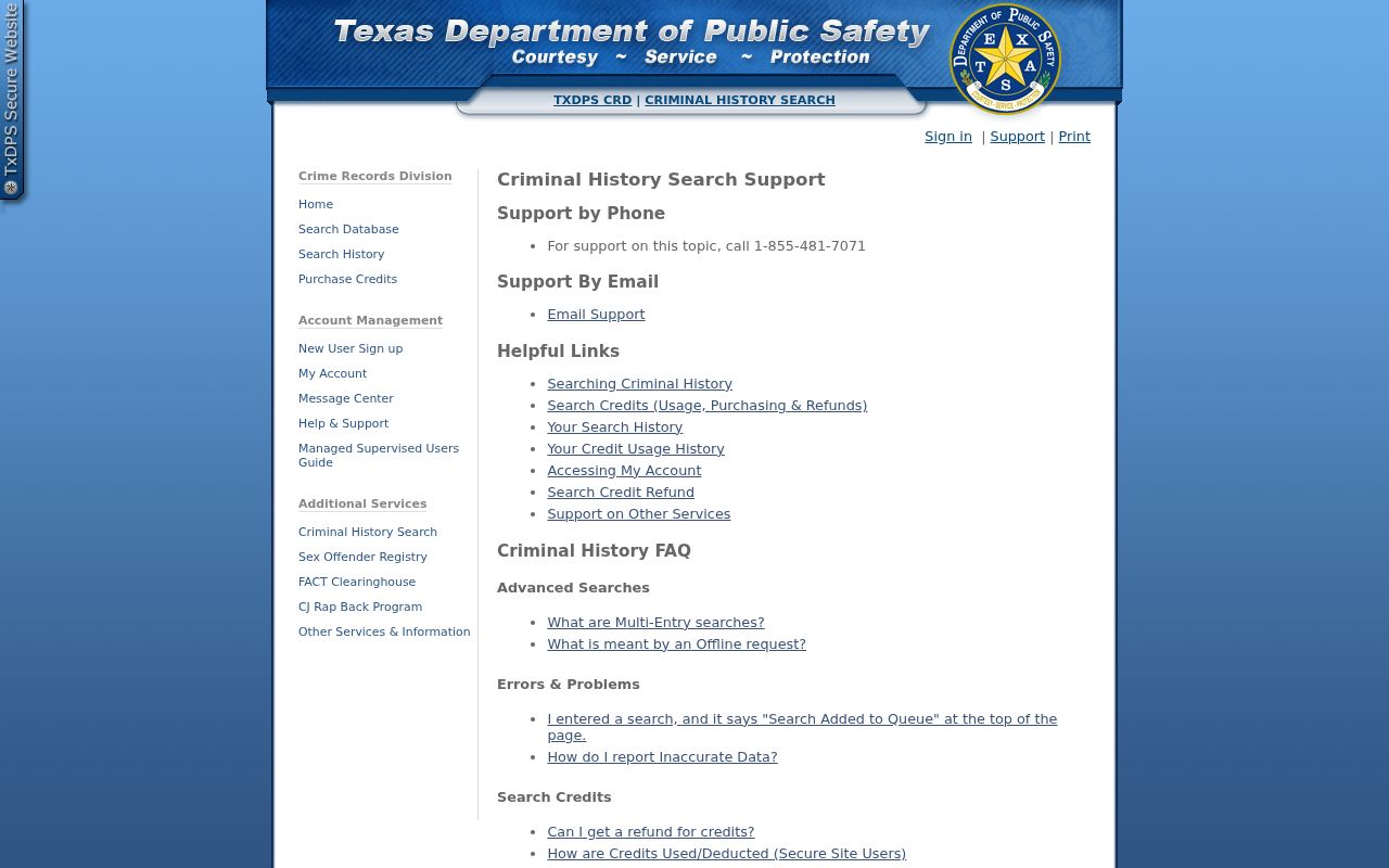 Texas DPS support for a Red River County arrest record search