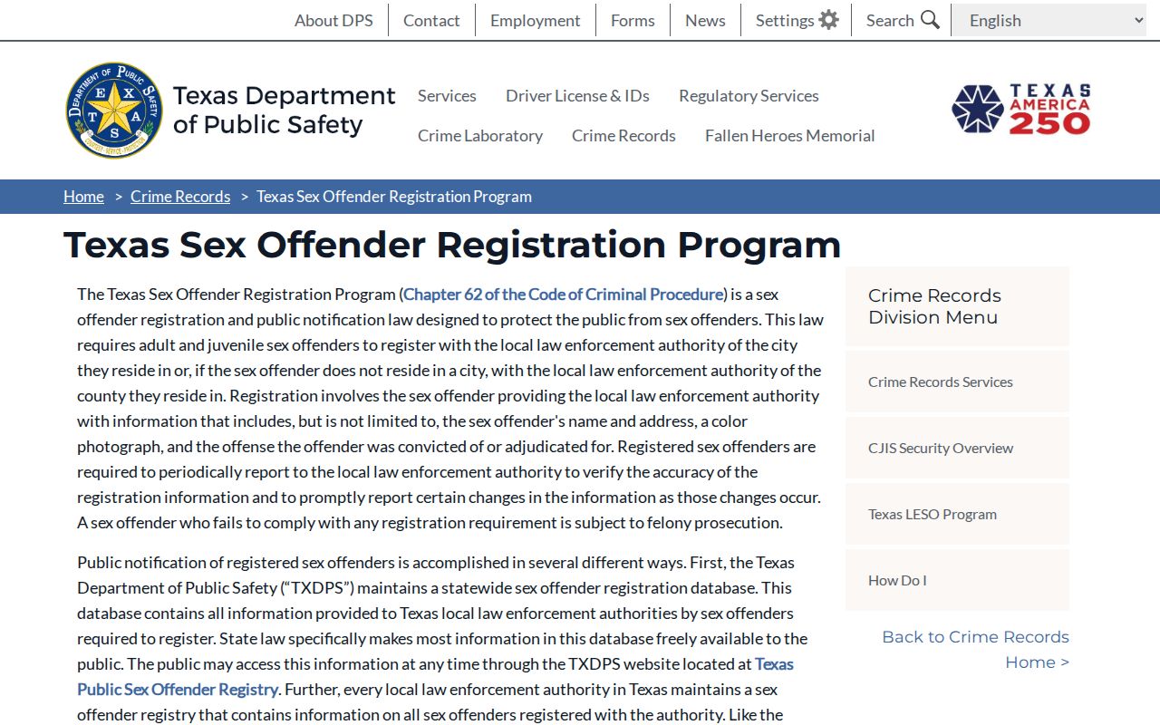 Texas DPS program for Red River County sex offender registry checks